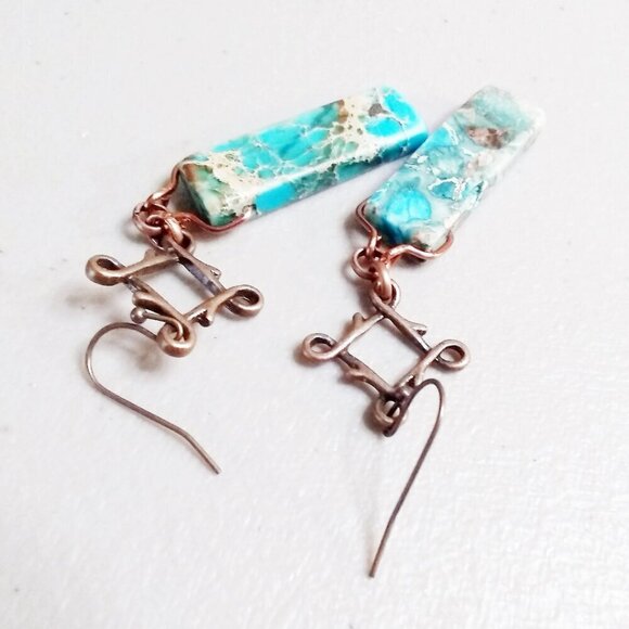 Aqua Turquoise + Sand ~ Sea Sediment Jasper Bar + Copper Dangle Earrings - Picture 5 of 7